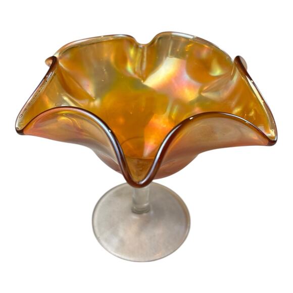 Vintage Fenton Carnival Glass Marigold Ruffled Edge Compote - Frosted Base - 6” - Picture 2 of 7